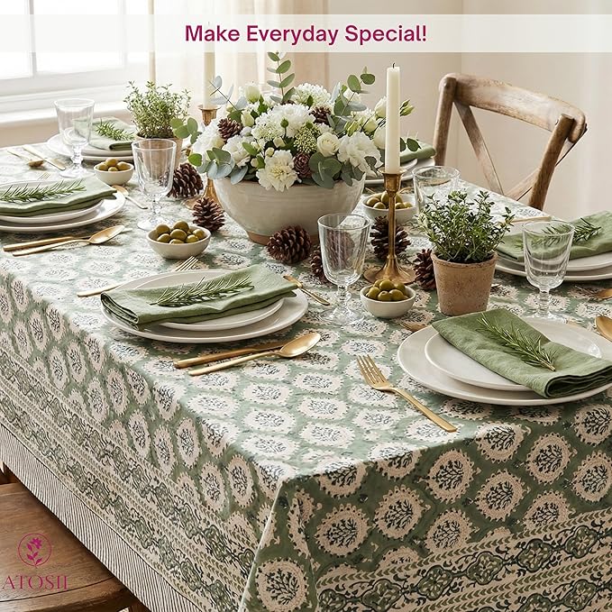ATOSII Kari Green 100% Cotton Square Boho Summer Tablecloth, Block Print Floral Table Cloth Linen for Dining, Parties, Wedding, Outdoors Home Decor 60 X 60 Inches I 4 Seater I