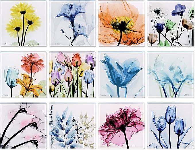 Empire Art Direct Flower Coasters for Drinks for Tabletop Protection Drink Coasters Set Glass Floral Sets of 12 with Cork Bottom by Albert Koetsier B1