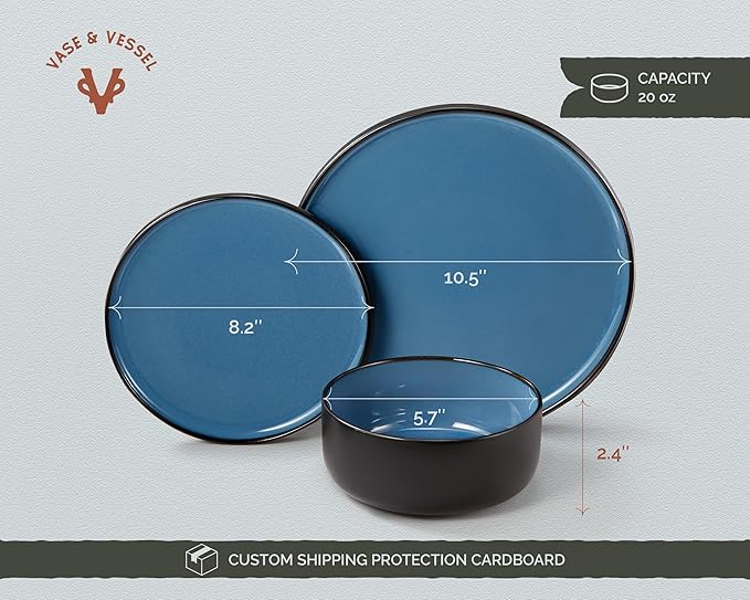Dinnerware Set, 12 Piece Service for 4, Vase and Vessel, Ceramic 10.5” Dinner Plates, 8.2” Salad Plates and 20 oz Bowls, Stoneware, Somerset Collection (Black/Slate Blue)