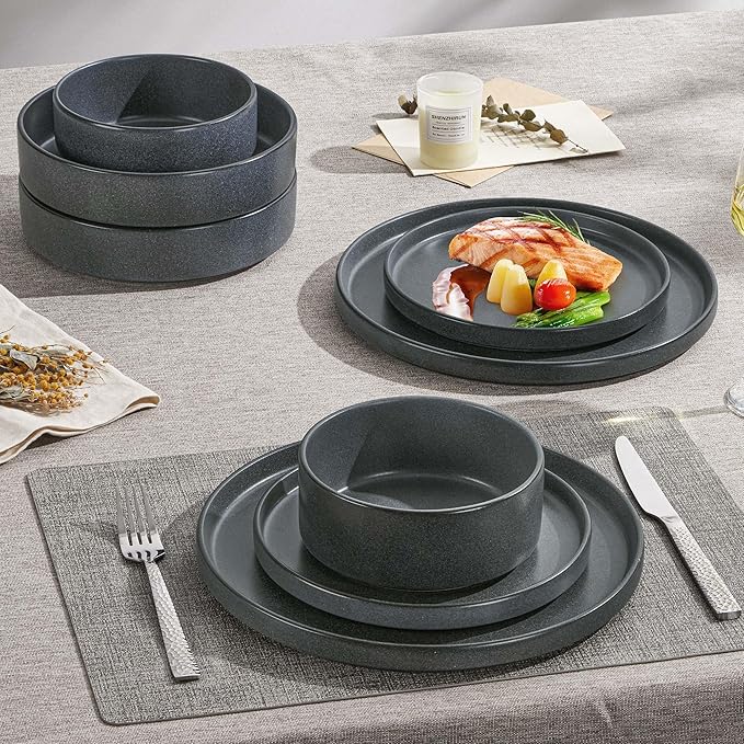 Herogo 16 Piece Plates and Bowls Set, Ceramic Dinnerware Sets with Pasta Bowls, Kitchen Dinner Ware Dishes Service for 4, Chip & Scratch Resistant Dishware, Dark Gray
