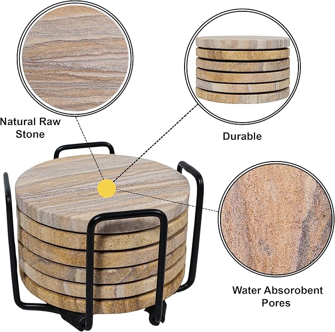 Sandstone Water Absorbent Hand Crafted Round Coasters for Drinks - 4 Inches Wide Thirsty Stone Bar/Drink Coasters- Made from Rainbow Sandstone (Set of 6 Without Holder)