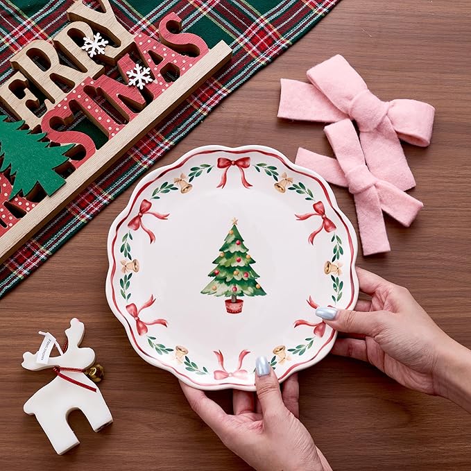 Bico Ribbon Christmas Scalloped Salad Plates Set of 4, 8.75 Inch Ceramic Dessert Plates for Salad, Appetizer, Side Dishes, Microwave and Dishwasher Safe, Gift for Housewarming and Christmas