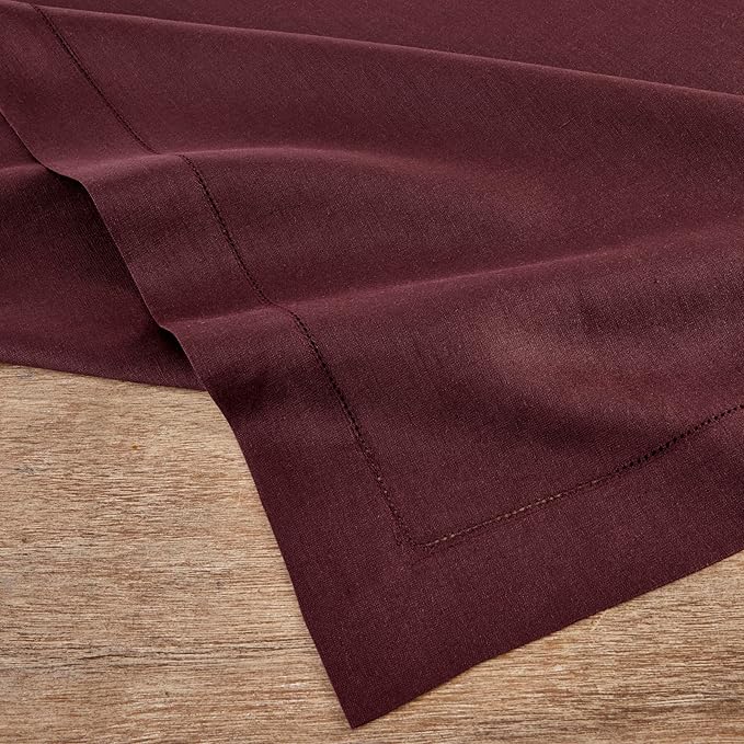Solino Home Linen Burgundy Tablecloth 60 x 90 Inch - Classic Hemstitch, 100% Pure Linen Rectangular Tablecloth - Machine Washable Table Cloth for Valentines, Winter