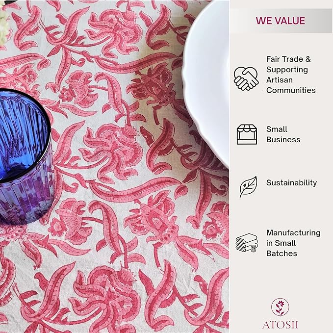 ATOSII Red Bloom 100% Cotton Tablecloth, Handblock Print Rectangle Table Cover for Kitchen Dining I Tabletop Linen I Parties, Wedding, Spring Summer Table Cloth 60 X 108 Inches