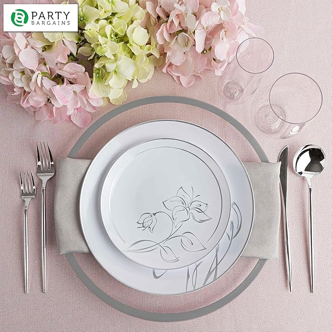 PARTY BARGAINS 13-Inch Charger Plates - 16 Pack, Clear Silver Rim, Heavy-Duty Disposable Chargers for Elegant Dining - Ideal for Weddings and Formal Events