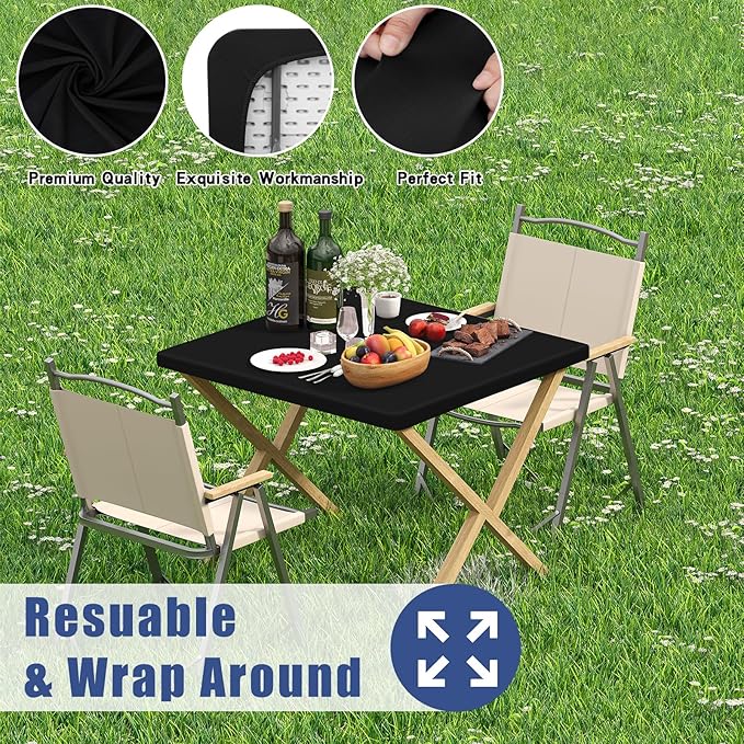 Spandex Picnic Table Cloth 2 Pack, Elastic Fitted Tablecloths for Square Tables, Stretch Washable Patio Table Cover for Outdoor, Camping, Banquet and Parties (Black, 42"x42")