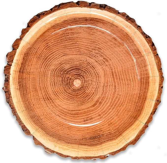 Gift Boutique 50 Rustic Wood Grain Dessert Paper Plate 7" Disposable Brown Wooden Slice Plate for Camping Hunting Lumberjack Birthday Party Supplies