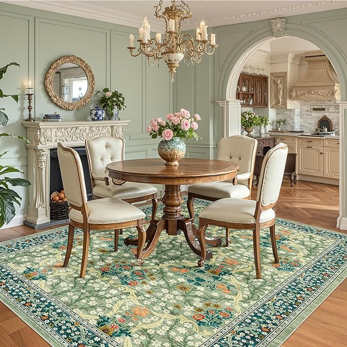 GarveeHome 8x10 Area Rugs, Washable Rugs for Living Room Non Slip Stain Resistant Ultra Soft Floral Rug, Boho Carpet Floor Mat for Bedroom Dining Room Nursery Playroom Office, Sage Green