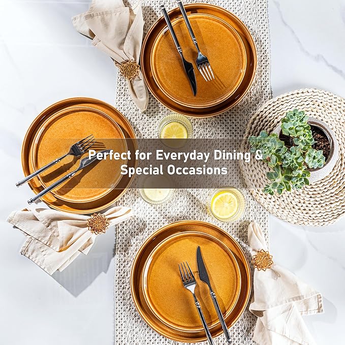 GBHOME Ceramic Dinnerware Sets for 8, 24 Pieces Stoneware Plates and Bowls Sets, Scratch Resistant Dishes, Dishwasher & Microwave Safe, Reactive Glaze-Amber