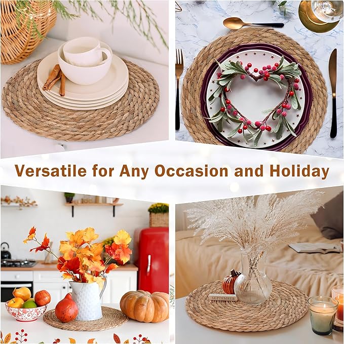 GENMOUS Woven Placemats Set of 12, 12" Round Placemats Natural Water Hyacinth Boho Placemats,Farmhouse Rattan Chargers for Dinner Plates, Rustic Braided Wicker Table Mats for Thanksgiving,Home,Wedding