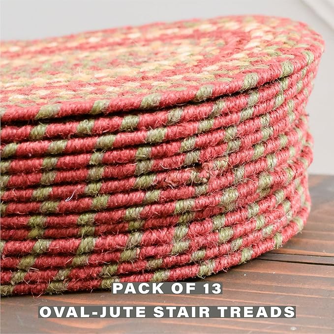 Homespice Cider Barn Jute Braided Stair Treads, Country Primitive Decor, Set of 13, Red 8x28 Oval Rug for Stairs - Easy to Clean, Tightly Stitched and Durable