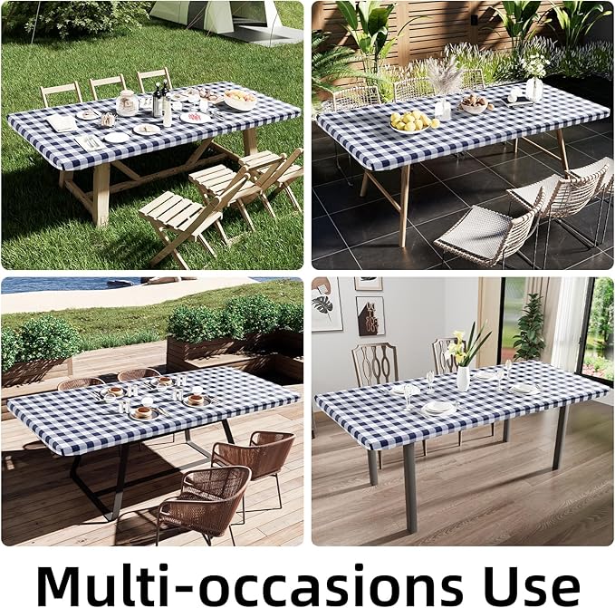Smiry Rectangle Picnic Table Cloth, Elastic Waterproof Fitted Vinyl Tablecloths, Flannel Backed Buffalo Plaid Table Covers for Dining, Camping, Outdoor (White and Navy, 30" x 72")