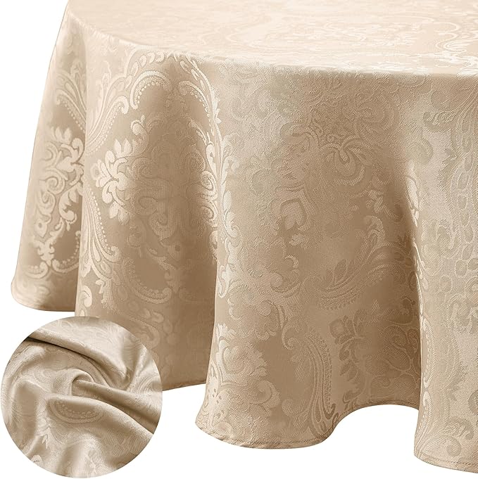 Elrene Home Fashions Caiden Elegance Damask Waterproof, Stain & Wrinkle Resistant Fabric Tablecloth, 90" Round, Taupe