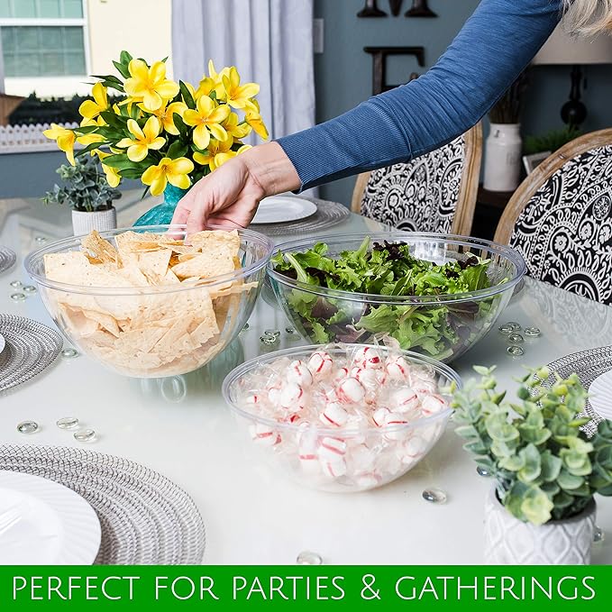 PLASTICPRO Disposable 96 Ounce Round Crystal Clear Plastic Serving Bowls, Party Snack or Salad Bowl, Chip Bowls, Snack Bowls, Candy Dish, Salad Container Pack of 8