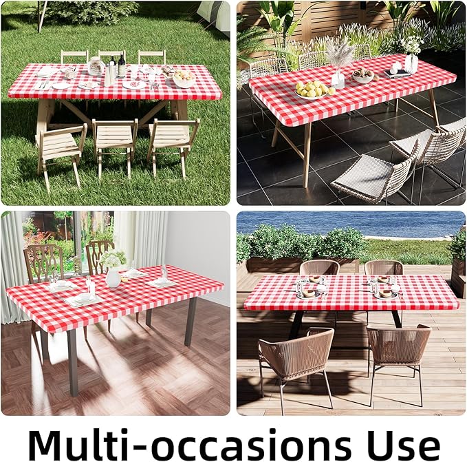 Smiry Rectangle Picnic Table Cloth, Elastic Waterproof Fitted Vinyl Tablecloths, Flannel Backed Buffalo Plaid Table Covers for Dining, Camping, Outdoor (White and Red, 36" x 96")