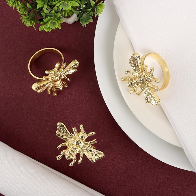 ALPHA Living HOME 12 Pcs Bee Napkin Rings - Decorative Metal Napkin Rings Table Decor Dining Table Cloth Napkin Holder for Christmas Wedding Holidays Dinners Party Supplies Everyday Use (Gold)