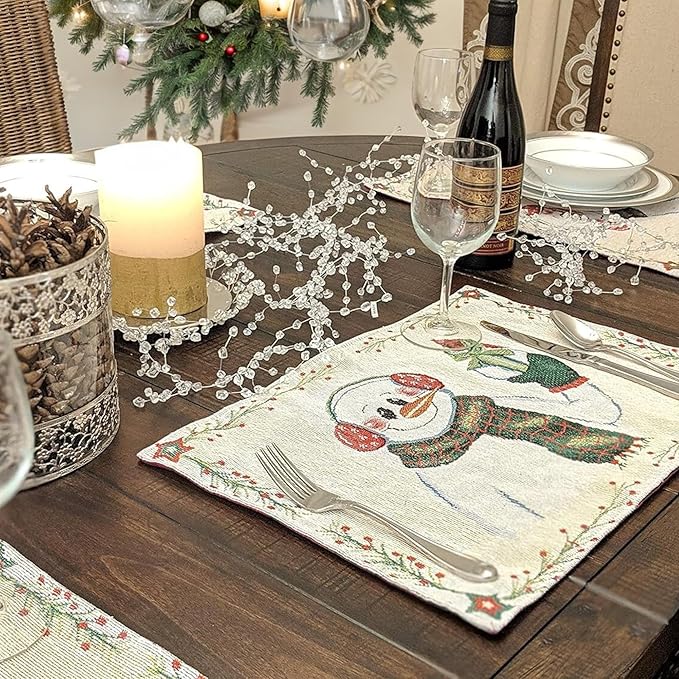 DaDa Bedding Magical Snowman Placemats - Set of 4 Festive Holiday White Tapestry - Cotton Linen Woven Dining Table Mats - 13” x 19” (9733)