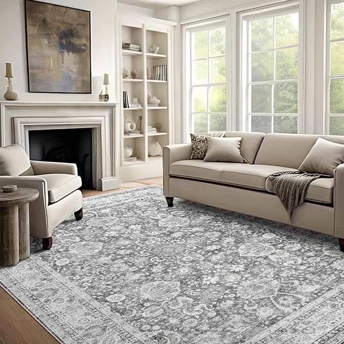 Deerly Area Rugs 9x12 Rug Living Room Distressed Area Rugs, Non Slip Large Washable Rugs for Bedroom Dining Room Office, Floor Decoration Big Rug Low-Pile Grey