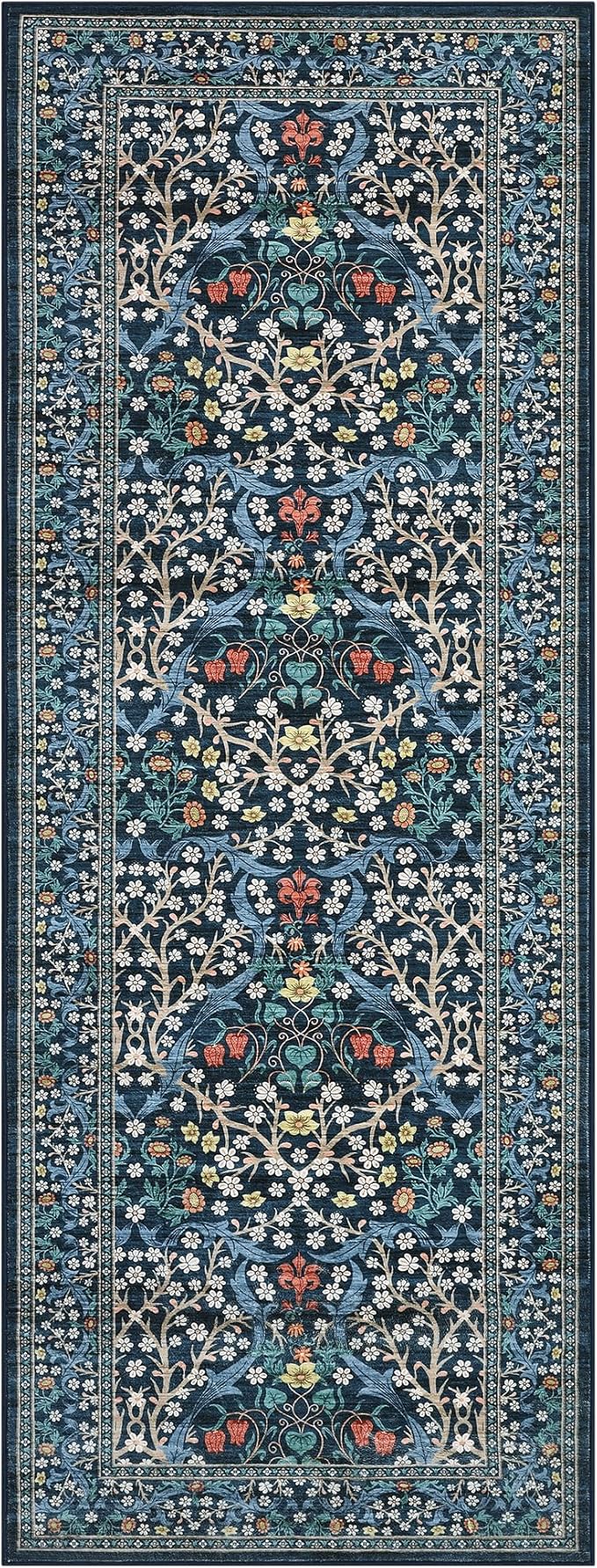 GarveeHome Kitchen 2x6 Runner Rug, Floral Washable Rugs for Hallways Non Slip Stain Resistant, Boho Soft Rug Botanical Carpet for Entryway, Laundry Room, Bedroom Floor Mat, Dark Blue