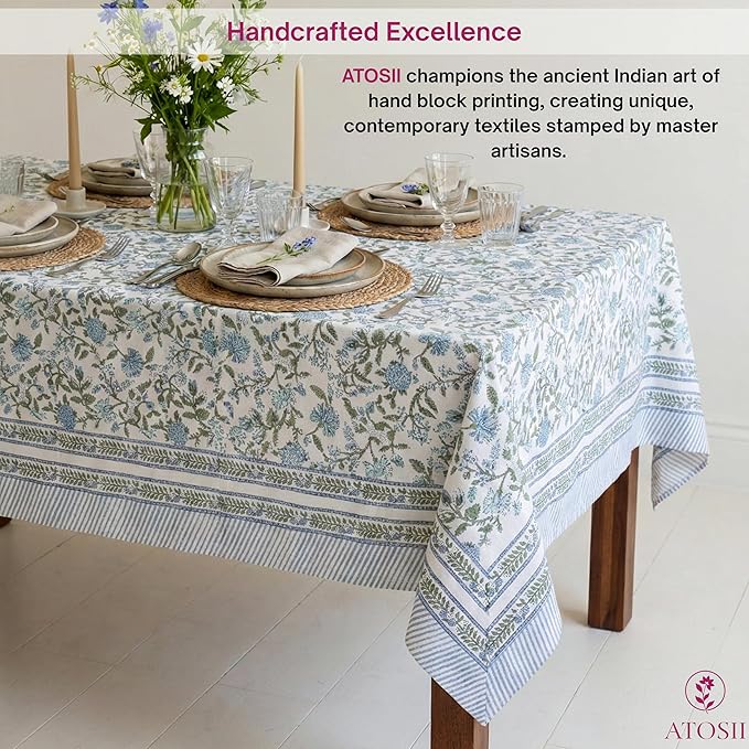 ATOSII Mahoka Blue 100% Cotton Fall Tablecloth, Handblock Floral Linen Table Cloth for Kitchen Dining Table I Parties Weddings Outdoors Easter Valentine's Gift I 60 X 90 Inches I 6 Seater