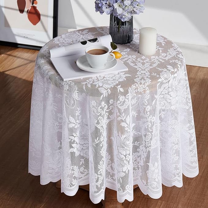 Warm Home Designs 36 Inch Round Tablecloth with English Rose Design. Use as Round Small Tablecloth, Lace Tablecloth or Coffee Table Cover for 2-4 Guests. (LTC White 36)