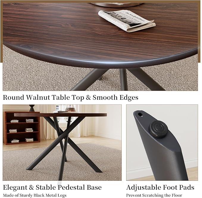 45.3 Inch Round Dining Table Set for 4, Mid Century Modern Small Coffee Set for Dining Room Kitchen Apartment (Dark Walnut Table + 4 U-Shaped White Chairs)