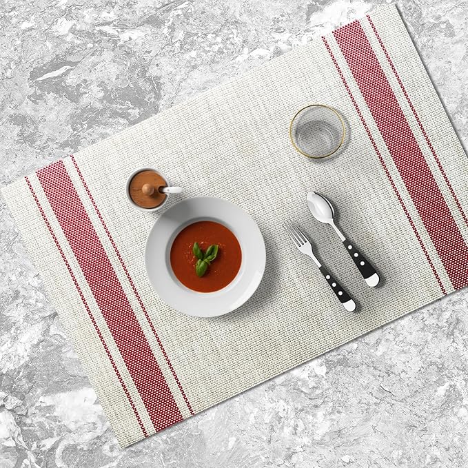Placemats Set of 4 Vinyl Washable Red Stripe Placemats, 18"x12" Wipeable Heat-Resistant Non-Slip Easy Clean Table Mats Ideal for Dining Table Table Runner and Outdoor (4, Red Wide Stripe)