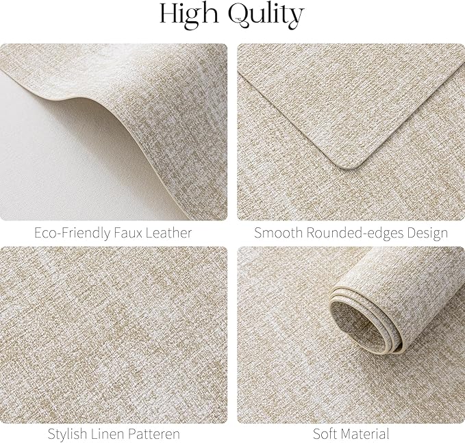 MOSAYT Faux Leather Placemats Set of 6, Heat Resistant Wipeable Washable Vinyl Place Mats with Coasters, Waterproof Oil Proof Table Mats for Kitchen Dining Party Indoor Outdoor, 12" x 17", Beige