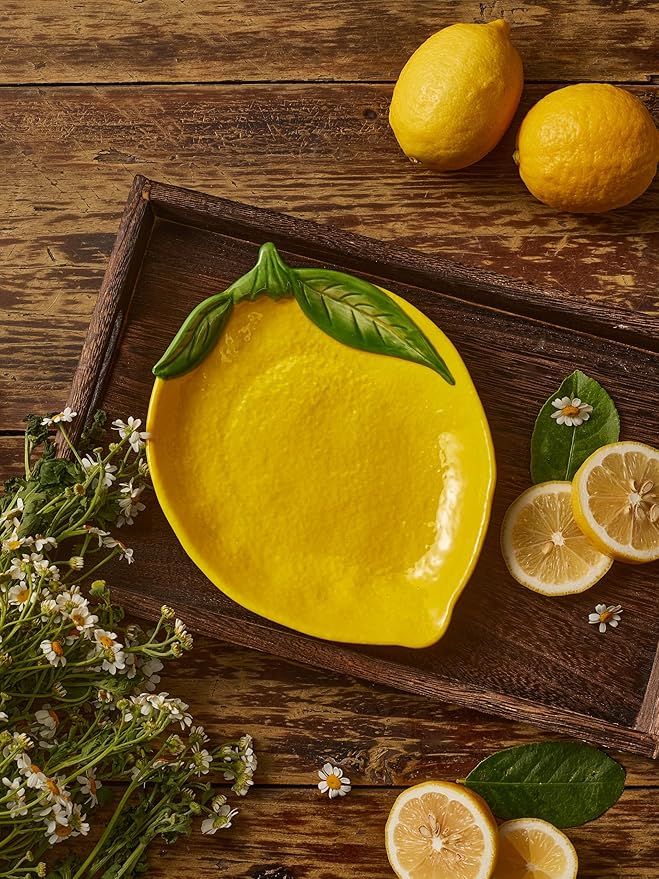 Bico Lemon Shape Handpainted 8 inch Stoneware Salad Plates Set, Set of 4, Microwave & Dishwasher Safe, for Salad, Appetizer, Tapas, Picnic