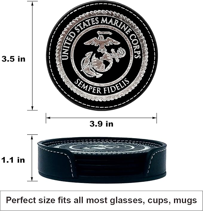 USMC Leather Coaster Set - 4 Premium Coasters with Hot Stamped Foil US Marines EGA Logo - Marine Corps Gift | USMC Leather Coasters