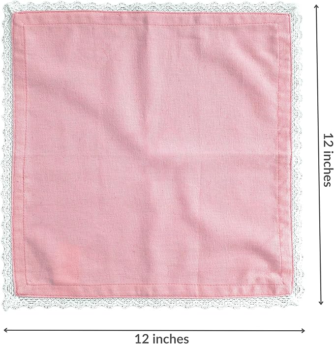 Fingercraft Dinner Cloth Napkin Cotton Linen Blend 12 Pack 12In Mitered Corners with Elegant Lace for Everyday Use Napkins Cloth are Pre Shrunk and Good Absorbency Pastel Rose