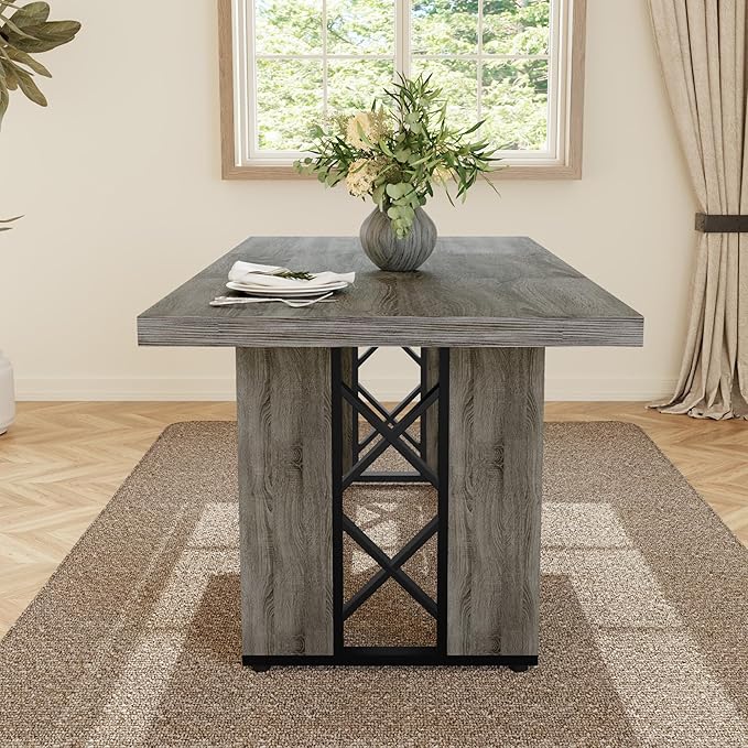 70.8" Farmhouse Dining Table for 6 People, Large Rectangle Kitchen Table with Heavy Duty Legs, Industrial Dining Room Furniture for Dinner, Grey