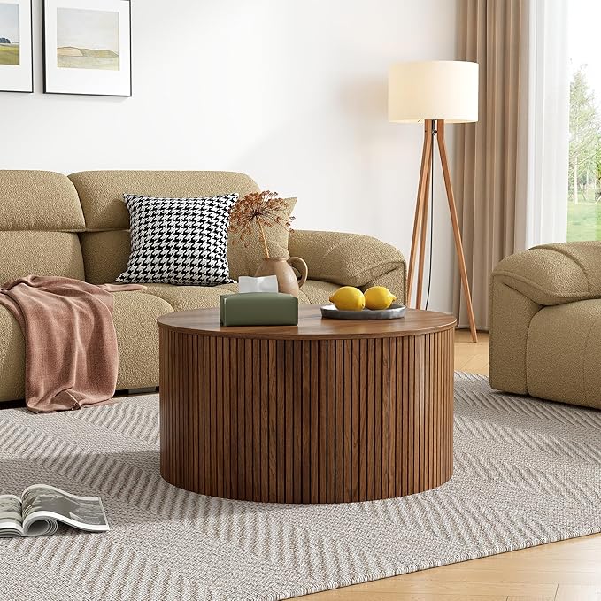 Mid Century Round Fluted Lift Top Coffee Table, Modern Center Table with Storage and Compartment, 2 Tier Small Circle Dining Table, for Living Room, Home Small Space, Walnut Oak-1