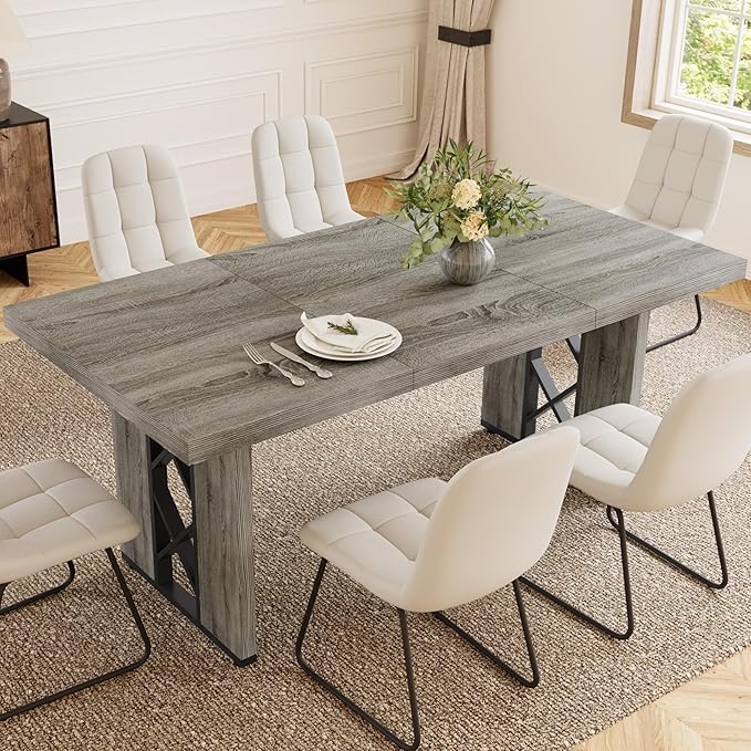 7-Piece Dining Table Set for 6 People, 70.8" MDF Kitchen Table with 6 Upholstered Chairs, Space-Saving for Dining Room, Breakfast Nook(Grey Table+6 White Chairs)