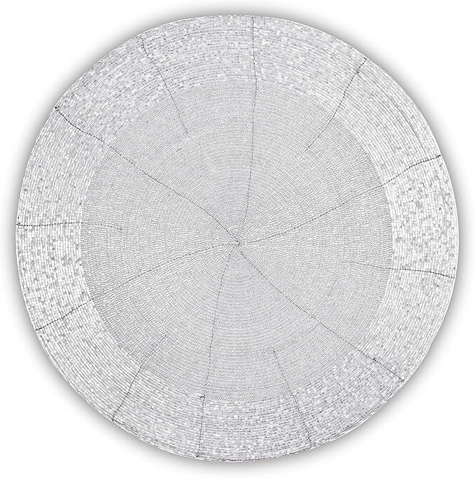 Lightnpro Beaded Placemats Set of 4-13 Inch Round Handmade Table Chargers - Rustic Farmhouse Glitz Table Décor for Dining Room, Christmas, Thanksgiving, Easter & Special Events- Whitish Silver
