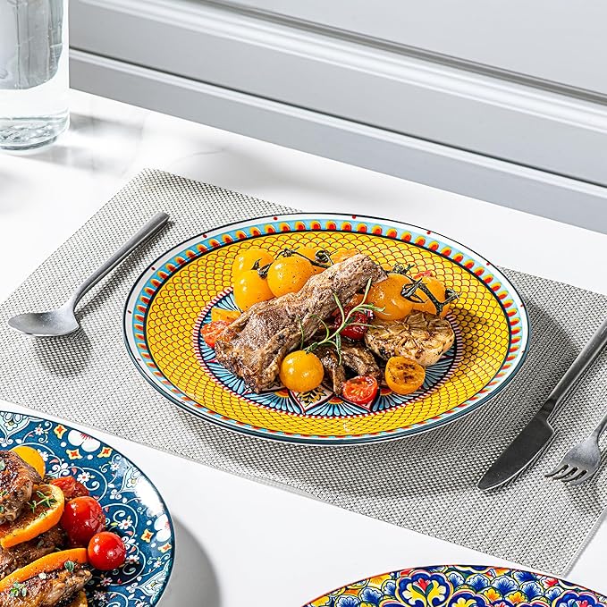 HENXFEN LEAD Dinner Plates Set of 6-10.5 Inch Large Ceramic Plates, Colorful Serving Dishes for Kitchen & Restaurant, Dishware, Microwave & Oven safe - Bohemian Style