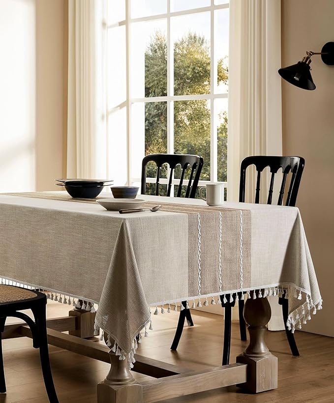 ZeeMart Contrast Linen Table Cloth Rectangle Table Cloths 60x84 Inch Brown, Farmhouse Style Heavy Weight Beige Tablecloth, Water Resistant Burlap Tablecloths