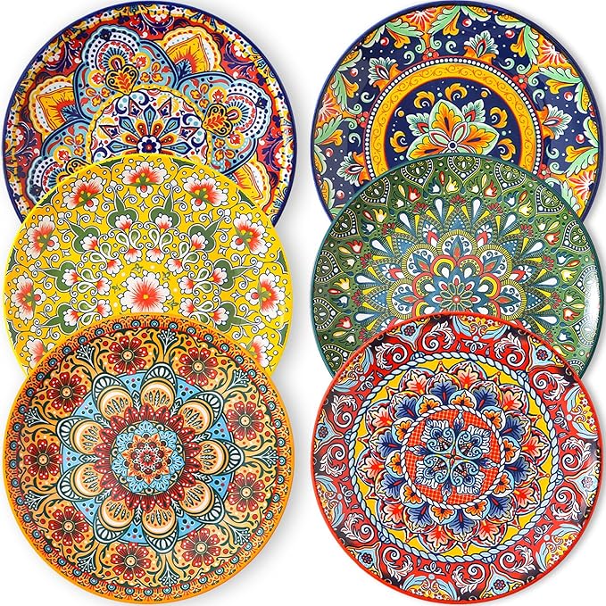 6piece Bohemian ceramic plates 8inch pasta plates spacious, suitable for microwave oven and dishwasher perfect for holiday parties and family gatherings