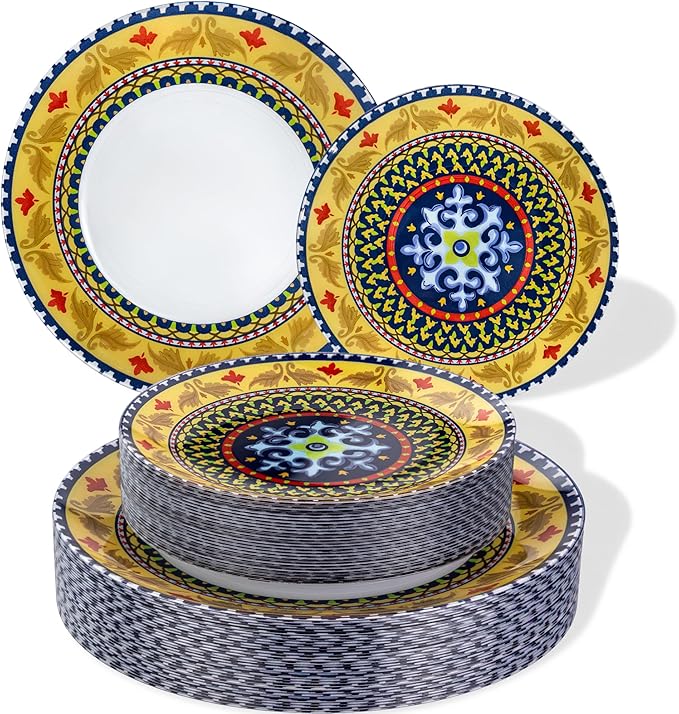 Hioasis 60pcs Plastic Disposable Plates Set - Layered Circular Pattern with Red & Yellow Accents, 10.25 Dinner & 7.5 Dessert Plates for Wedding,Anniversary,Party and Holiday