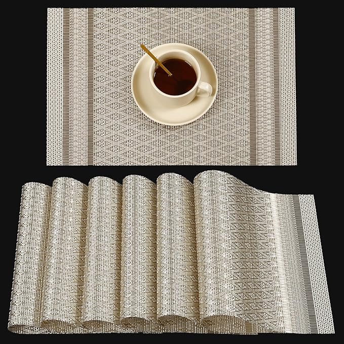 FAVE Placemats Set of 6 Golden Placemats Woven with Silver Thread Durable and Wipeable Vinyl Placemats Heat Resistant Table Mats Set of 6 High Texture Place Mats for Kitchen Table(Golden)