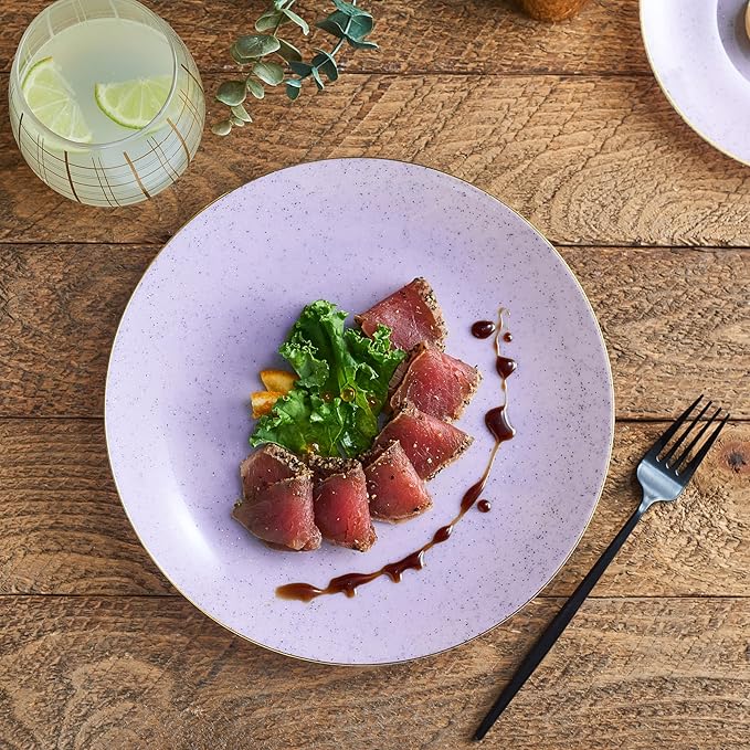 PLASTICPRO 30 Pack Disposable Plastic Plates Heavyweight Granite Look Elegant 10 inch Dinner Plates Purple with Gold Rim