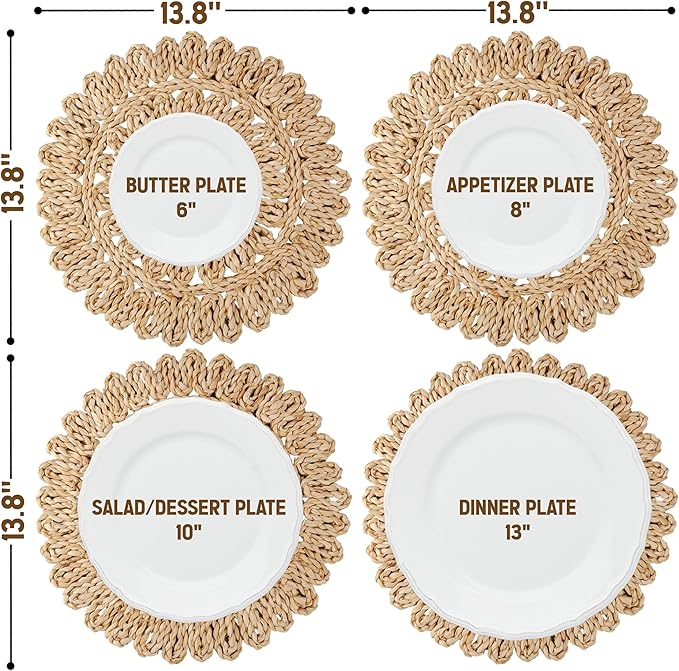 13.8" Corn Husk Woven Round Placemats Set of 8 - Wicker Boho Farmhouse Placemats - Rattan Table Mats Like Water Hyacinth for Dining Table, Wedding, Home