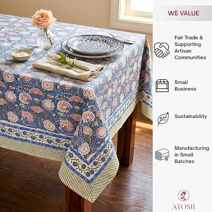 ATOSII Clover Pink 100% Cotton Rectangle Boho Fall Tablecloth, Handblock Floral Table Cloth Linen for Kitchen Dining I Parties Wedding Outdoors Christmas Thanksgiving I 72 X 120 Inches I 10 Seater