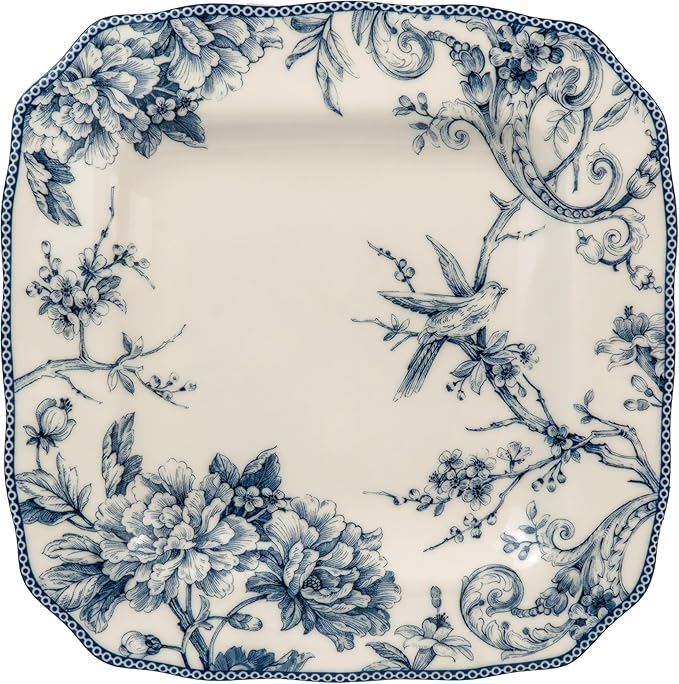 222 Fifth Adelaide 16-Piece Square Floral Dinnerware Set – Service for 4, Blue & White Porcelain Plates & Bowls, for Everyday Dining & Entertainment, Microwave & Dishwasher Safe, Chip Resistant