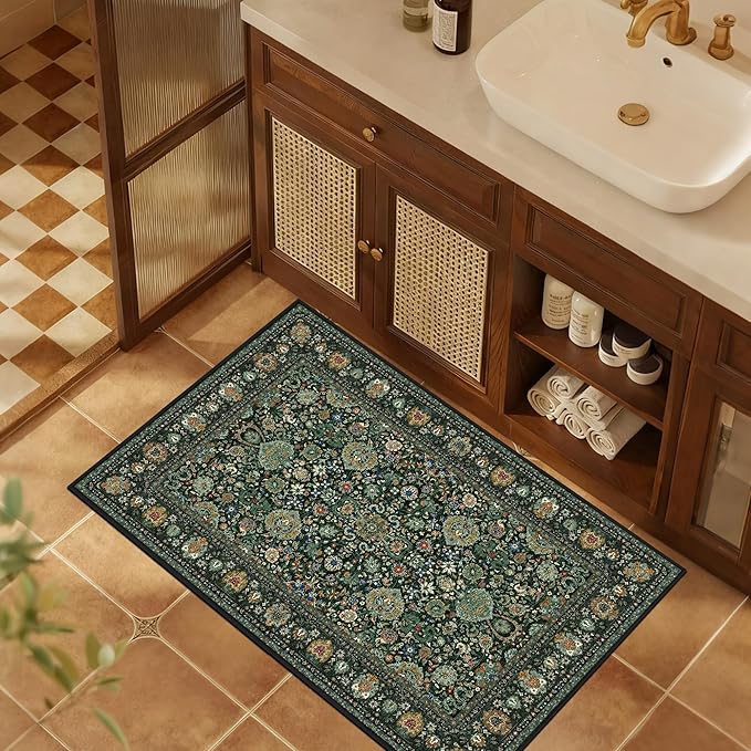 Dark Green Area Rug Entryway Rugs for Bedroom Bathroom Kitchen - 2x3 Small Soft Rugs Low Pile Keep Off Rug Carpet Washable Rug Oriental Indoor Boho Area Rug Cute