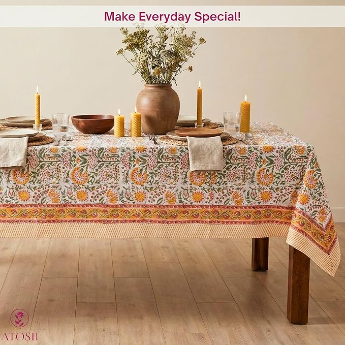 ATOSII Clover Yellow 100% Cotton Rectangle Fall Tablecloth, Handblock Floral Print Linen Table Cloth for Kitchen Dining I Parties, Outdoors, Christmas, Thanksgiving I 72 X 120 Inches I 10 Seater