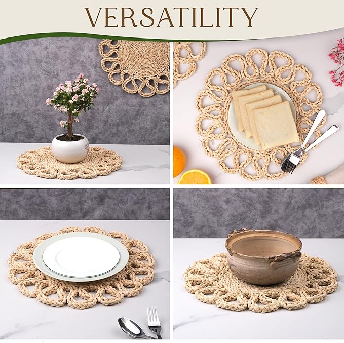 13.8" Corn Husk Woven Round Placemats Set of 8 - Wicker Boho Farmhouse Placemats - Rattan Table Mats Like Water Hyacinth for Dining Table, Wedding, Home