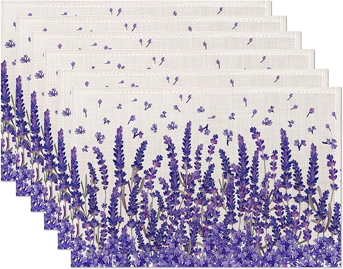 Placemats,Lavender Flower Placemats 12x18 Inch Waterproof Non-Slip Washable Table Mats for Kitchen Dining Party Table Decor,Set of 6