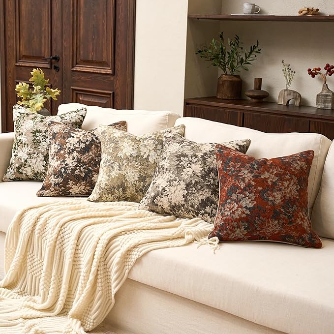 Yangest Neutral Floral Pillow Cover 18 x18 Inches, Vintage Chenille Square Throw Pillow Cover Soft Decorative Farmhouse Accent Couch Pillow Cover for Living Room Bedroom, Beige