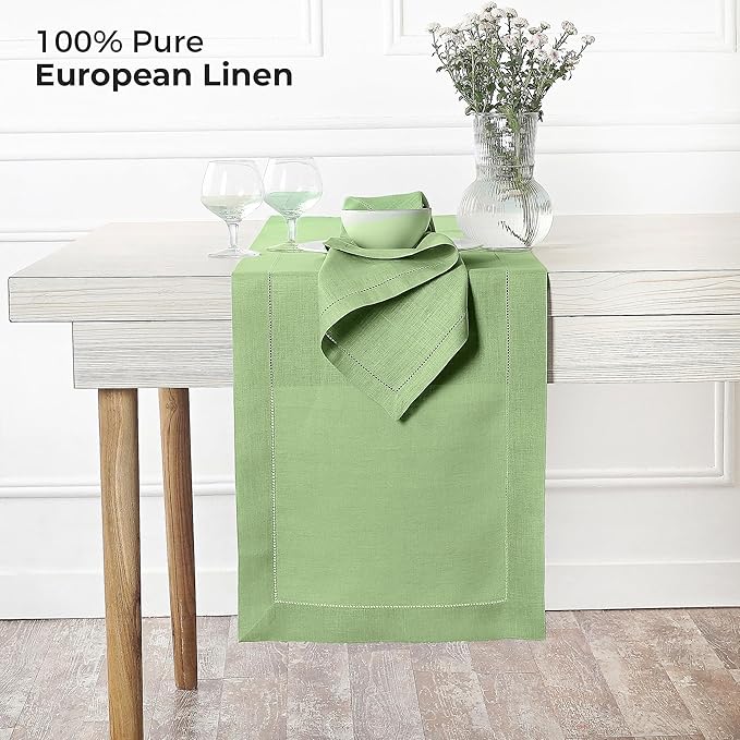 D'Moksha Homes Linen Sage Green Table Runner 108 Inches Long - 100% Pure Linen 14 x 108 Inch Table Runner for Spring, St Patricks Day, Easter - Classic Hemstitch